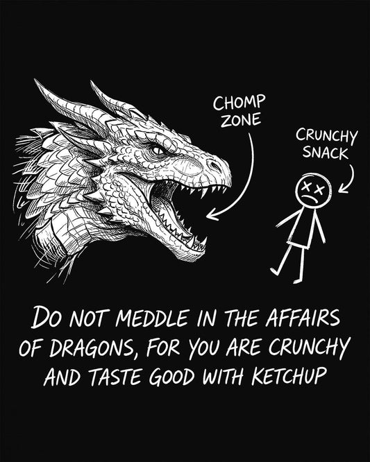 Do Not Meddle Sketch tee in black with hand-drawn dragon, funny stick figure, and a crunchy warning punchline