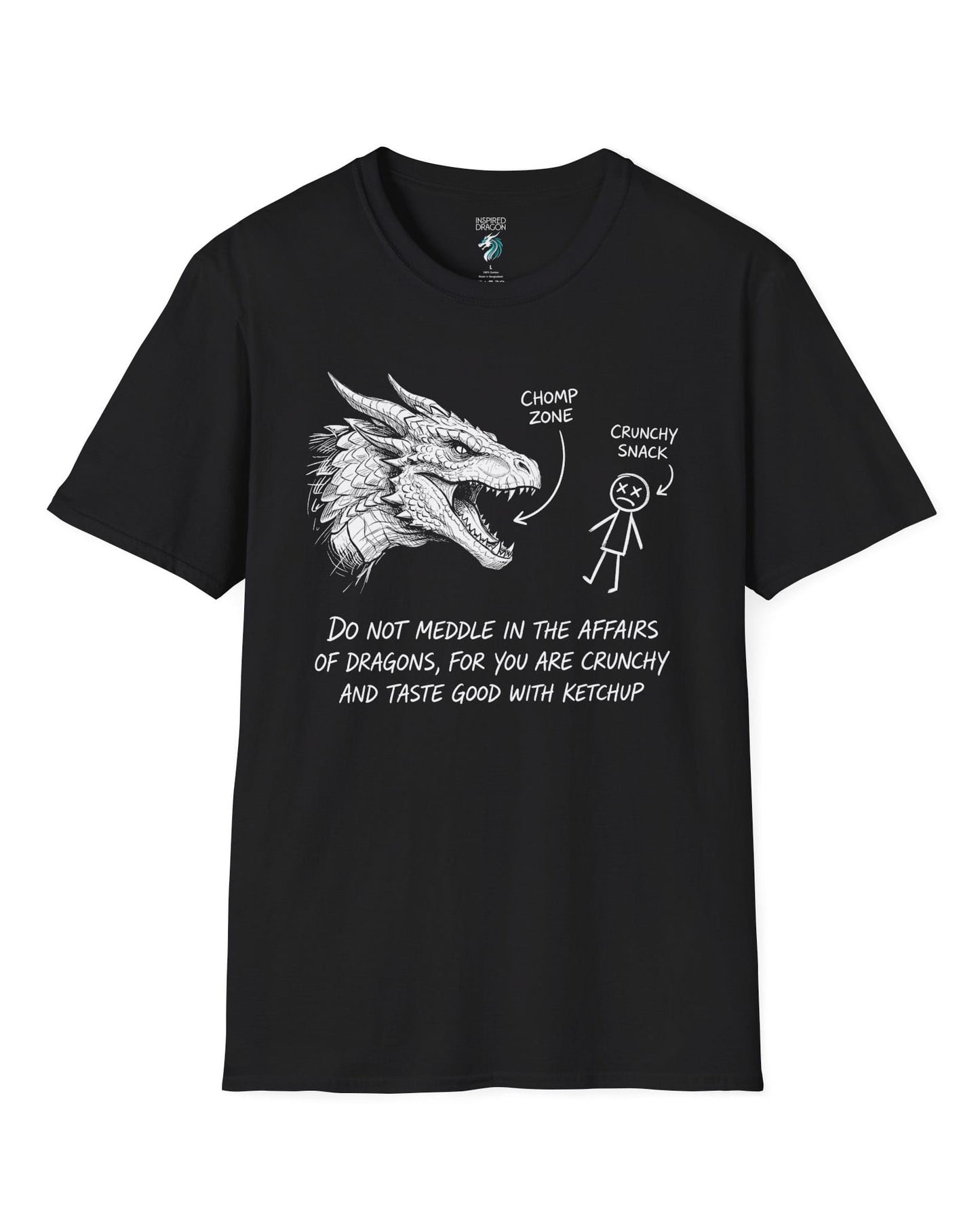 Do Not Meddle Sketch tee in black with hand-drawn dragon, funny stick figure, and a crunchy warning punchline