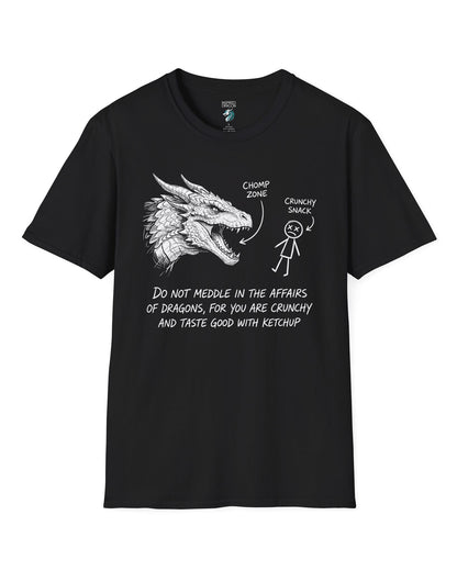 Do Not Meddle Sketch tee in black with hand-drawn dragon, funny stick figure, and a crunchy warning punchline