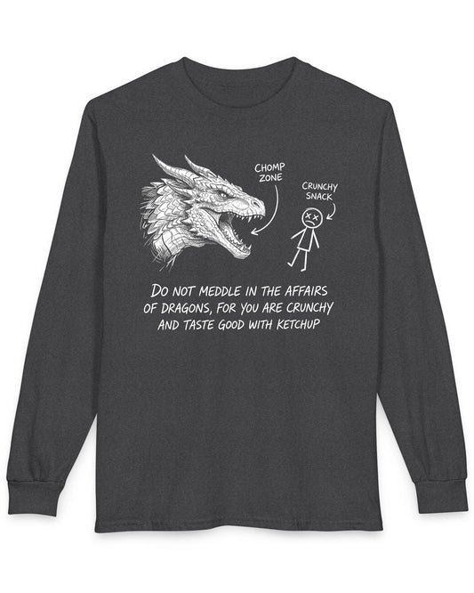 Do Not Meddle Sketch tee in dark heather with hand-drawn dragon, funny stick figure, and a crunchy warning punchline