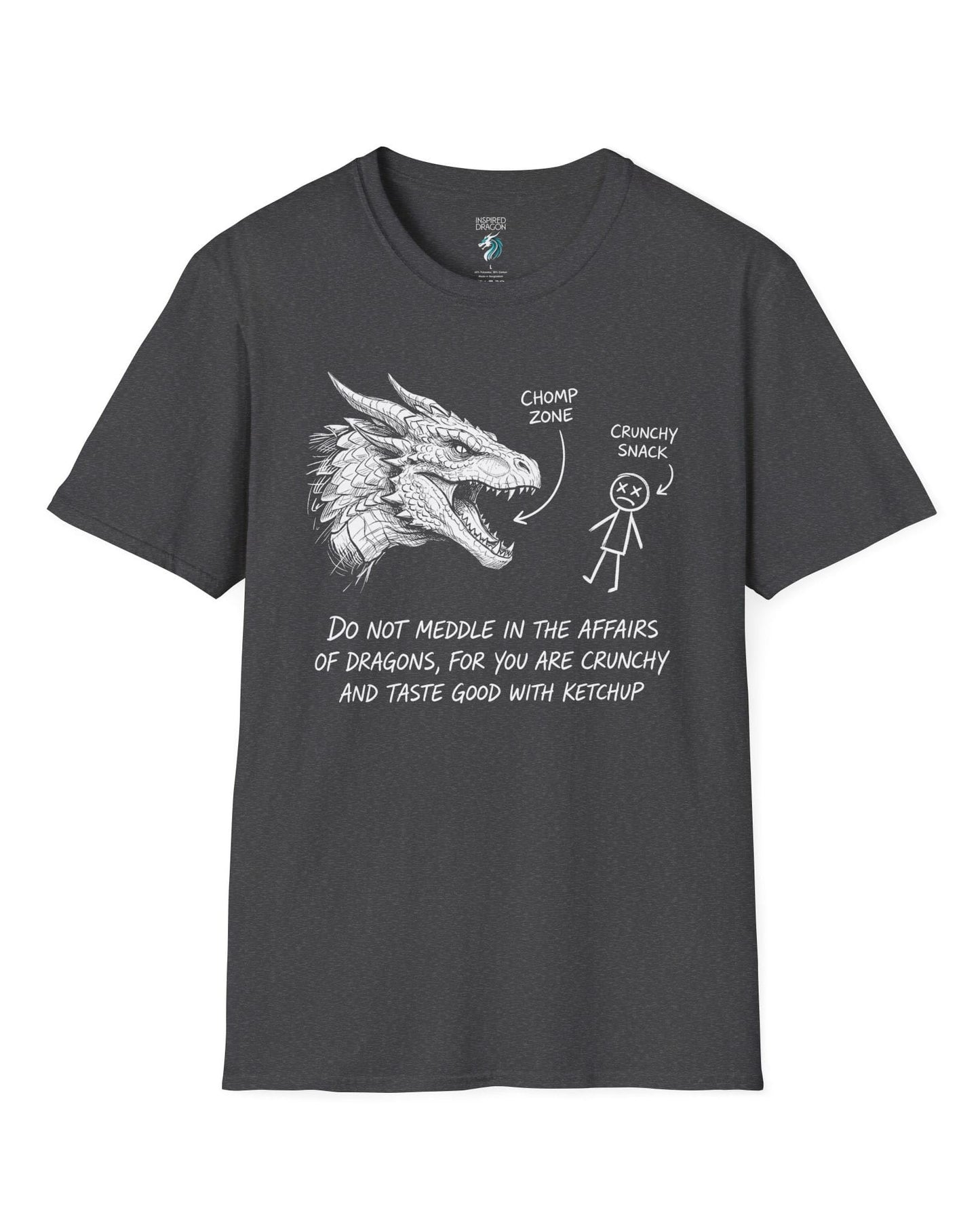 Do Not Meddle Sketch tee in dark heather with hand-drawn dragon, funny stick figure, and a crunchy warning punchline