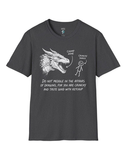 Do Not Meddle Sketch tee in dark heather with hand-drawn dragon, funny stick figure, and a crunchy warning punchline