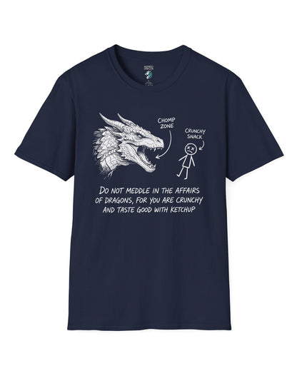Do Not Meddle Sketch tee in navy with hand-drawn dragon, funny stick figure, and a crunchy warning punchline