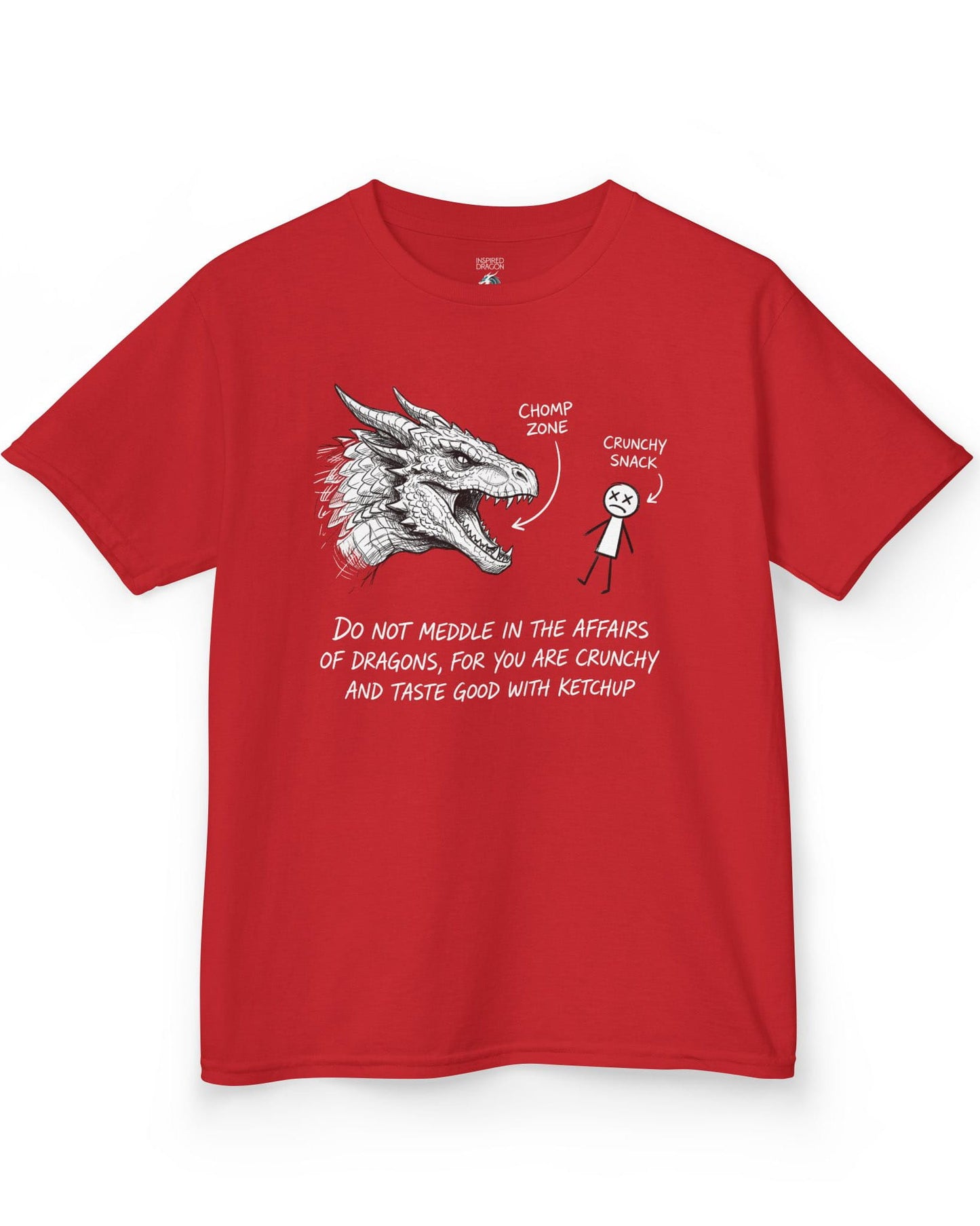 Do Not Meddle Sketch tee in red with hand-drawn dragon, funny stick figure, and a crunchy warning punchline