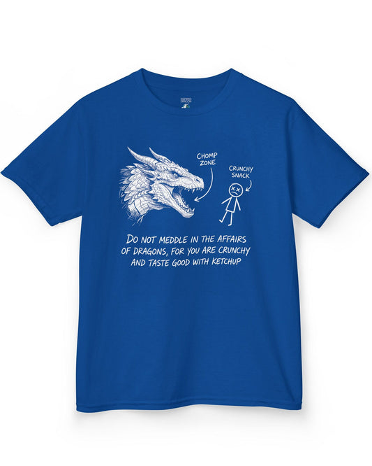 Do Not Meddle Sketch tee in royal blue with hand-drawn dragon, funny stick figure, and a crunchy warning punchline