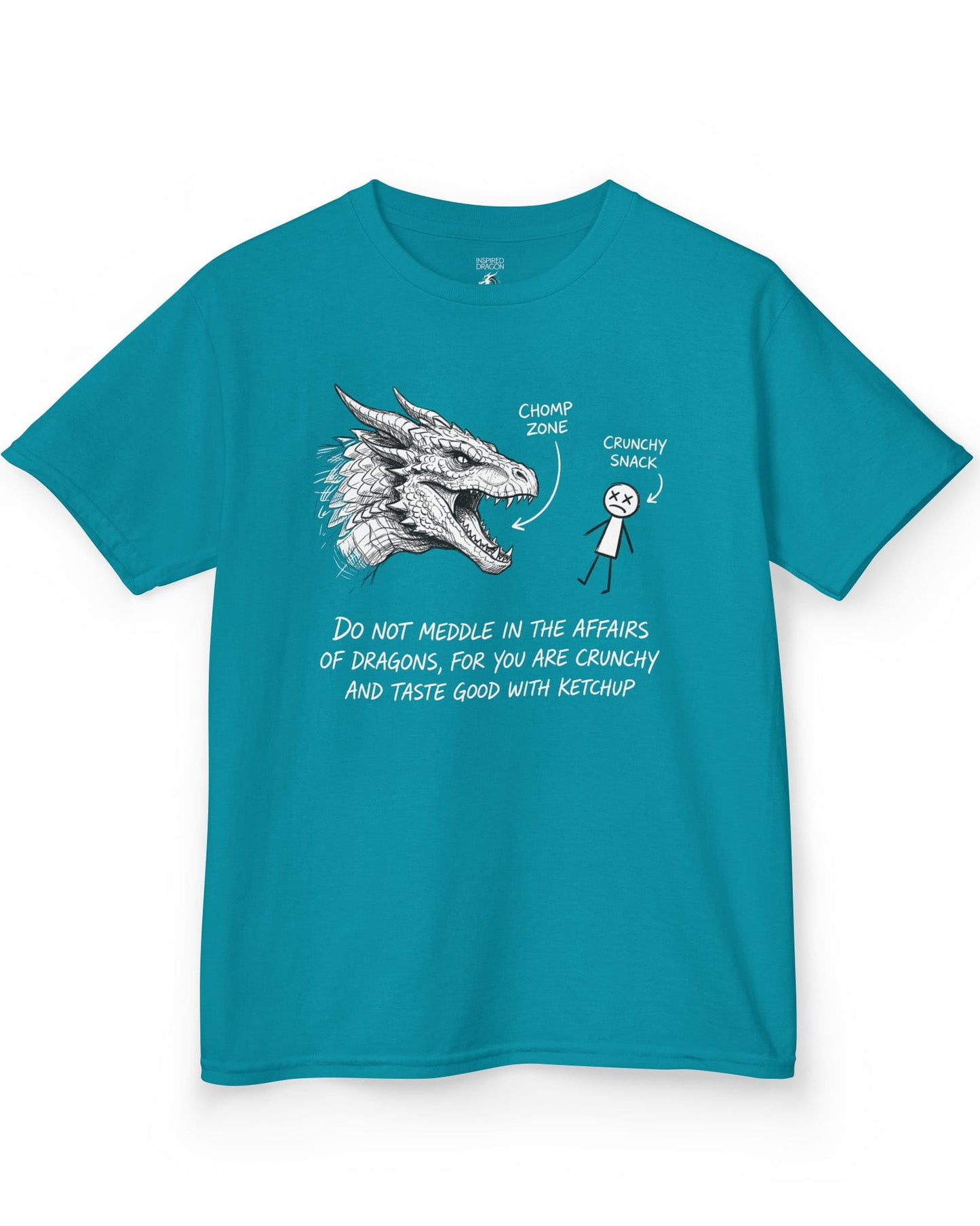 Do Not Meddle Sketch tee in tropical blue with hand-drawn dragon, funny stick figure, and a crunchy warning punchline
