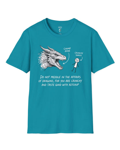Do Not Meddle Sketch tee in tropical blue with hand-drawn dragon, funny stick figure, and a crunchy warning punchline
