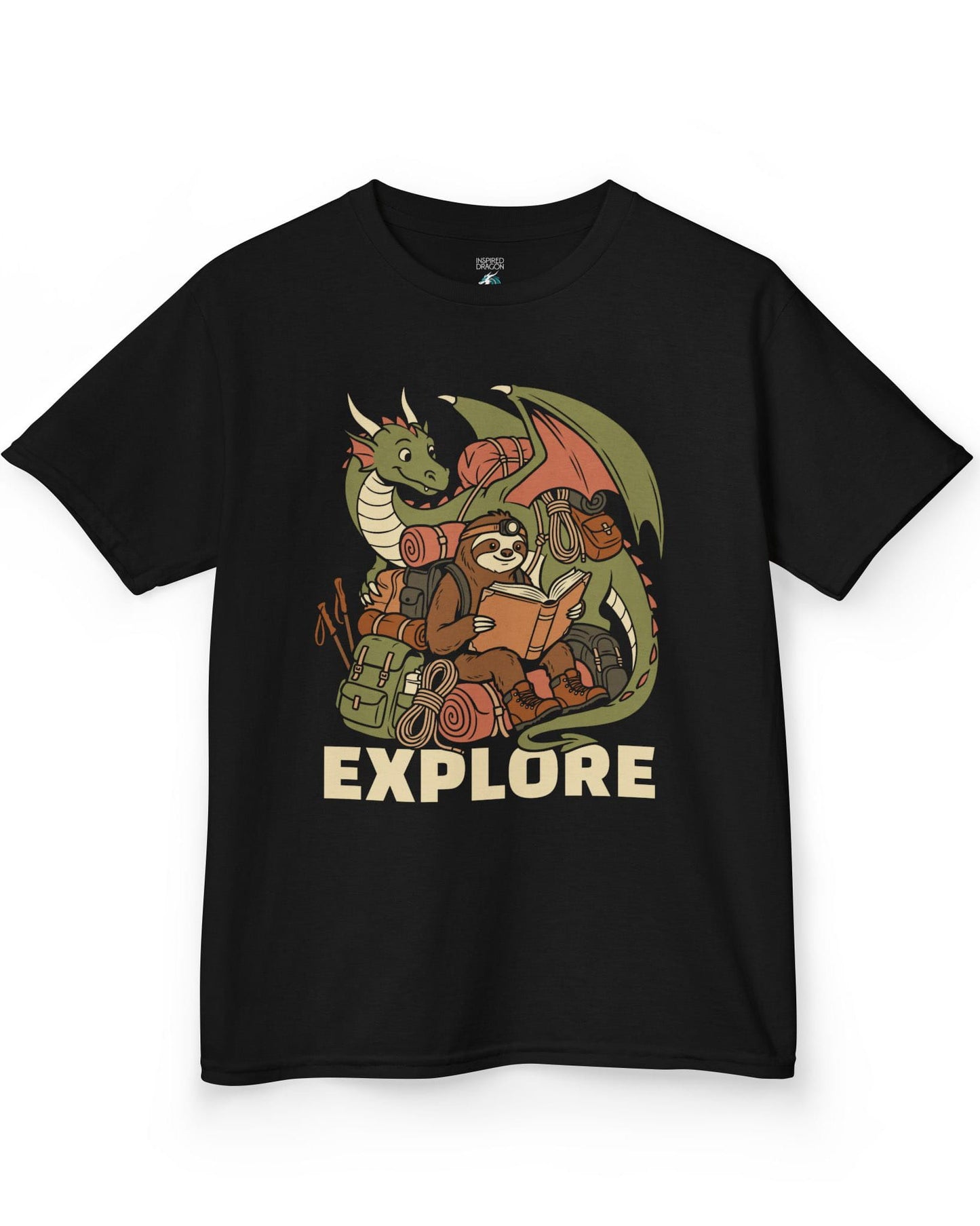 Explore shirt in black with a book-loving sloth and cheerful green dragon packed for adventure