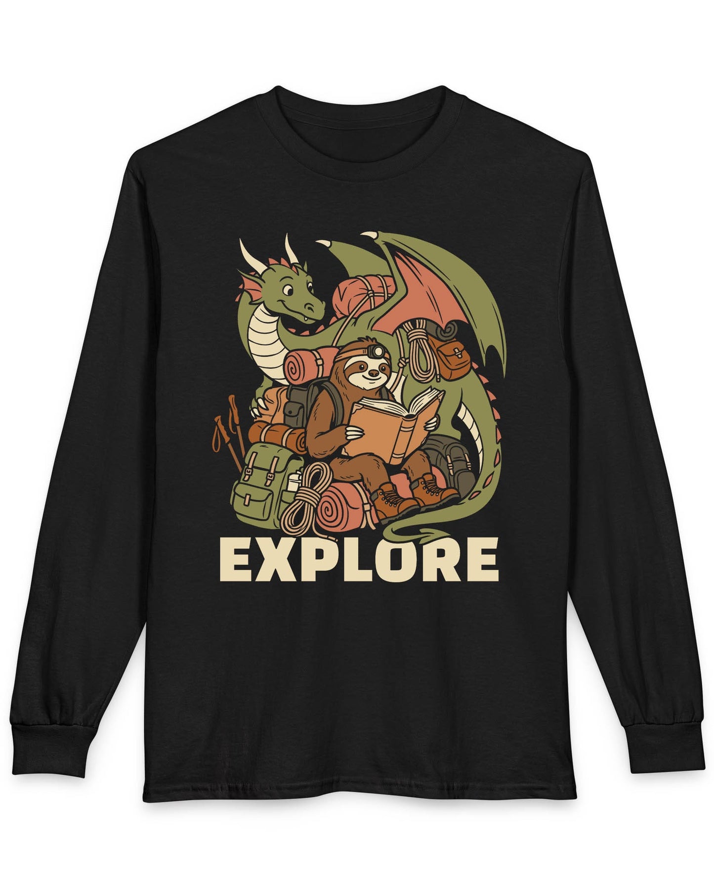 Explore shirt in black with a book-loving sloth and cheerful green dragon packed for adventure