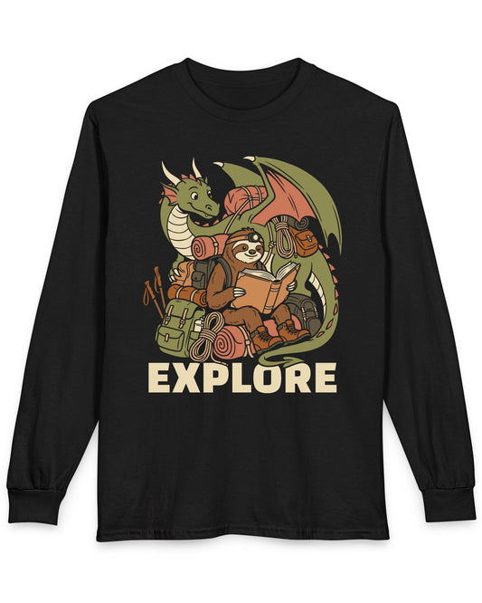 Explore shirt in black with a book-loving sloth and cheerful green dragon packed for adventure