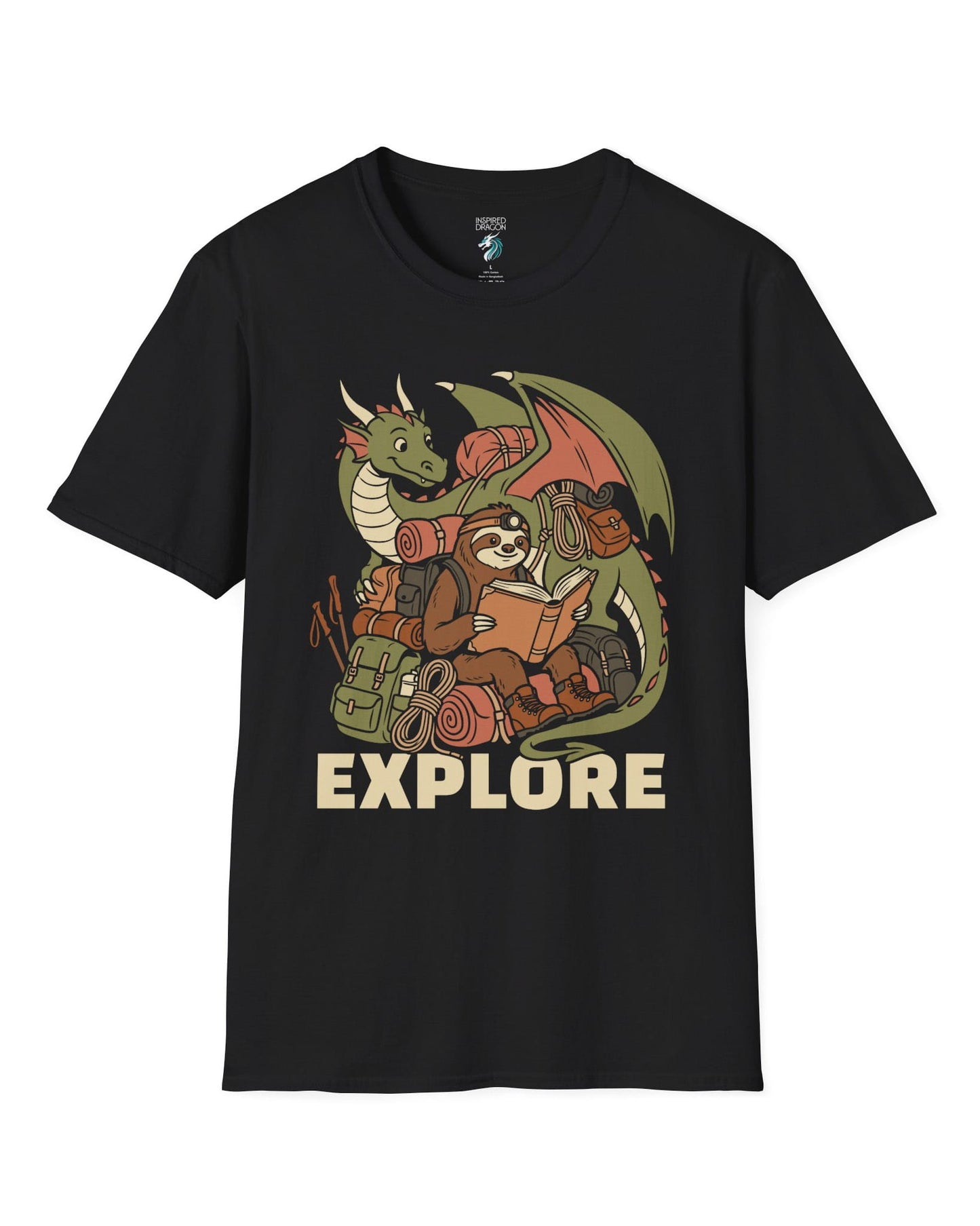 Explore shirt in black with a book-loving sloth and cheerful green dragon packed for adventure