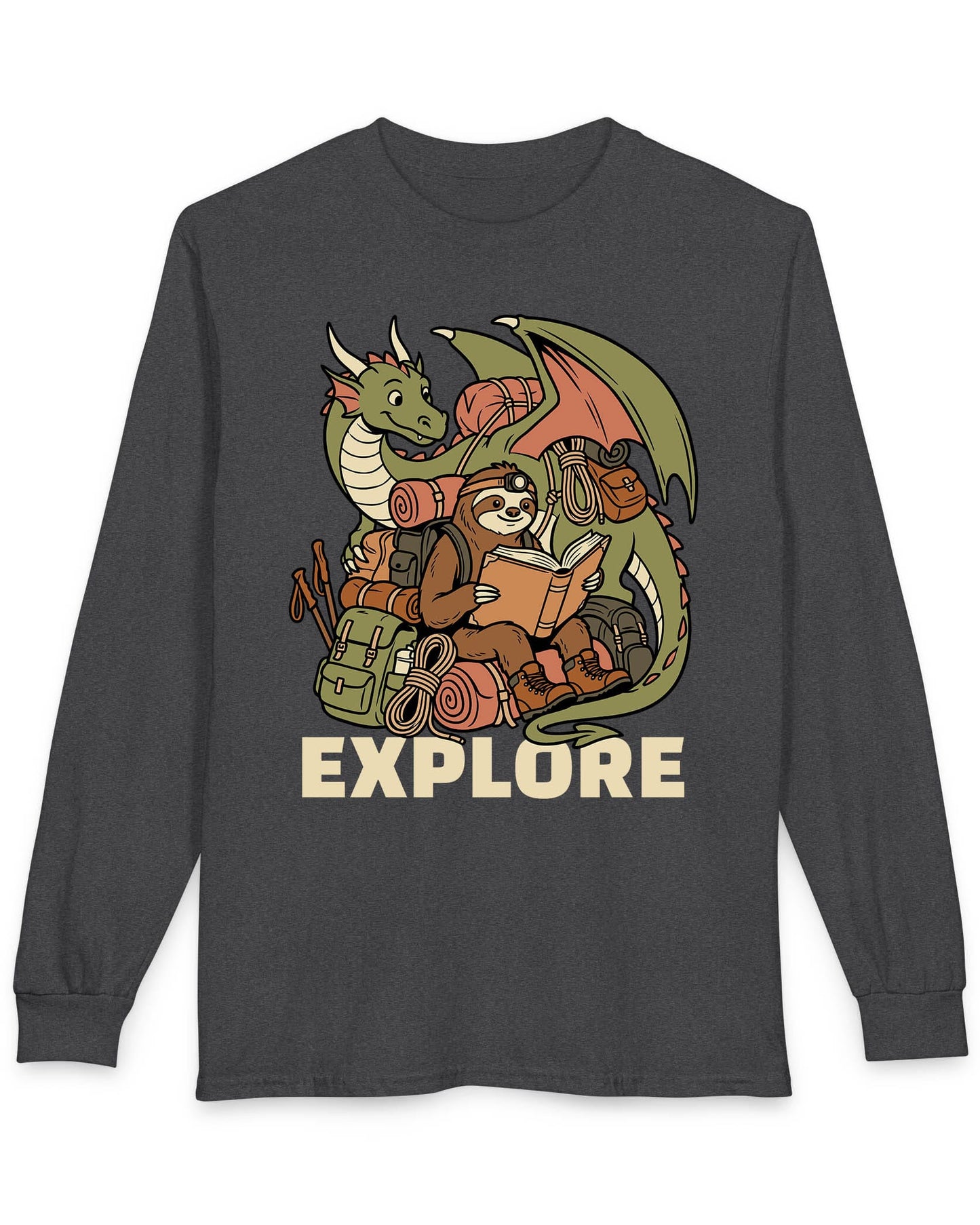 Explore shirt in dark heather with a book-loving sloth and cheerful green dragon packed for adventure