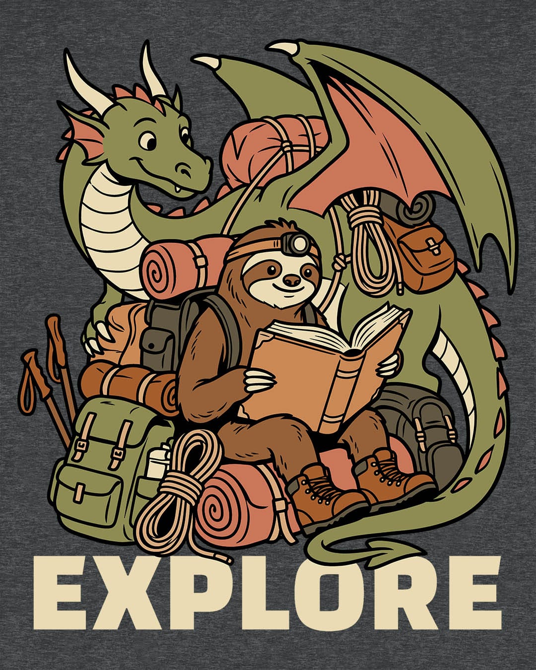 Explore shirt in dark heather with a book-loving sloth and cheerful green dragon packed for adventure