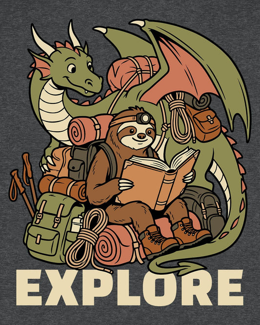 Explore shirt in dark heather with a book-loving sloth and cheerful green dragon packed for adventure