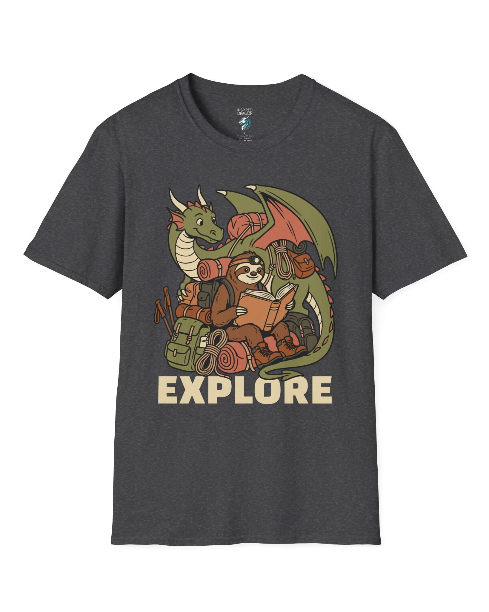 Explore shirt in dark heather with a book-loving sloth and cheerful green dragon packed for adventure