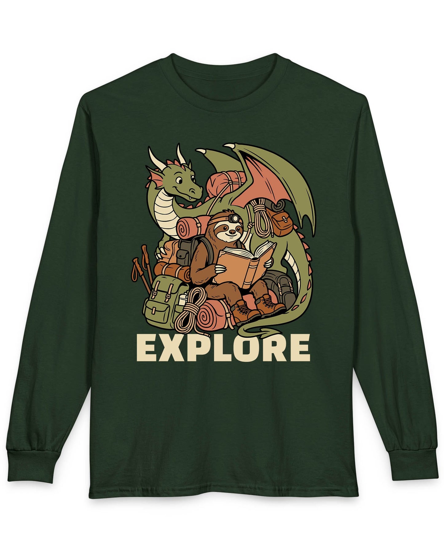 Explore shirt in forest green with a book-loving sloth and cheerful green dragon packed for adventure