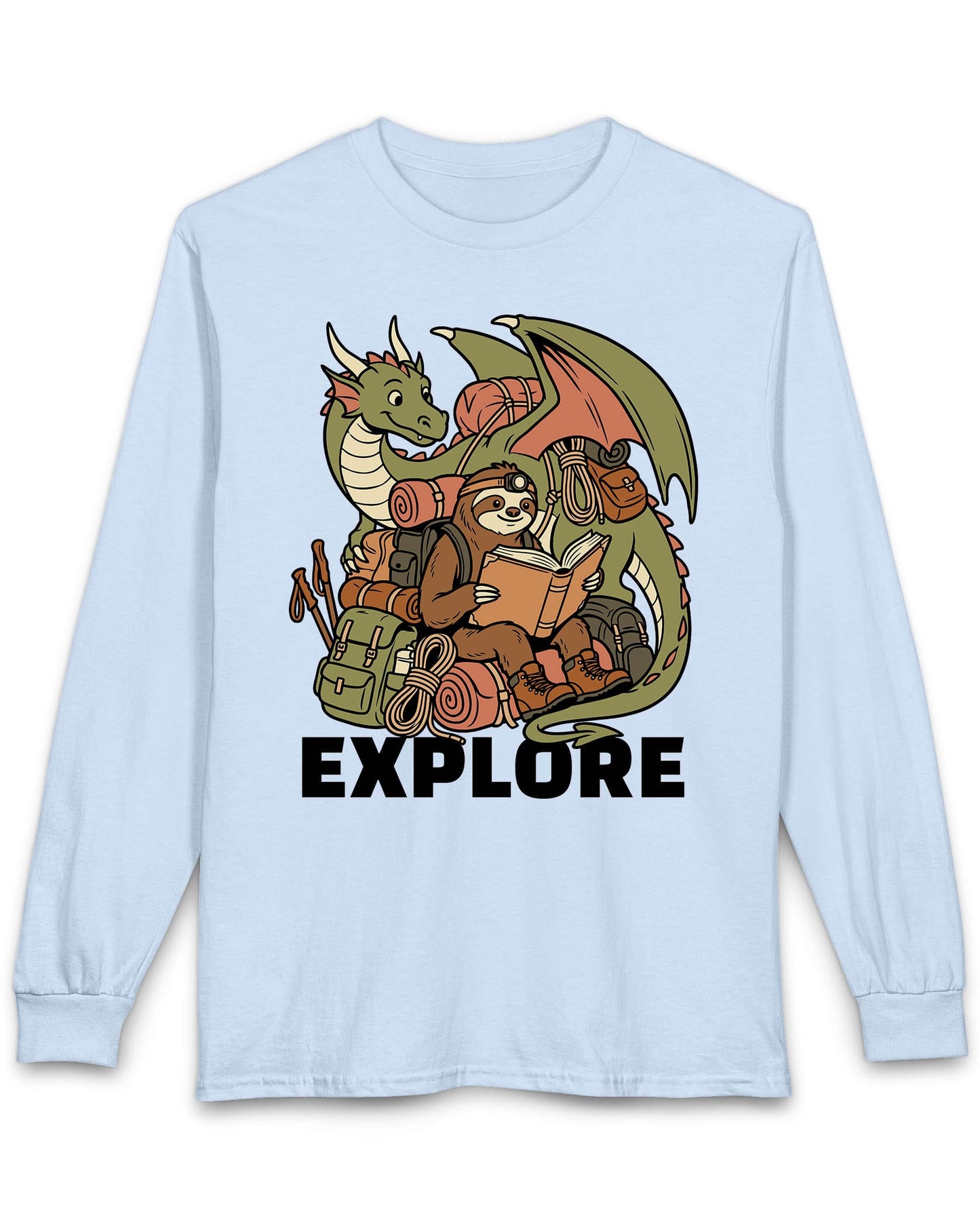Explore shirt in light blue with a book-loving sloth and cheerful green dragon packed for adventure