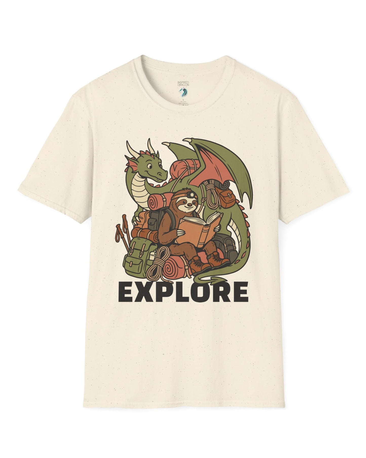 Explore shirt in natural with a book-loving sloth and cheerful green dragon packed for adventure