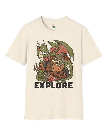 Explore shirt in natural with a book-loving sloth and cheerful green dragon packed for adventure
