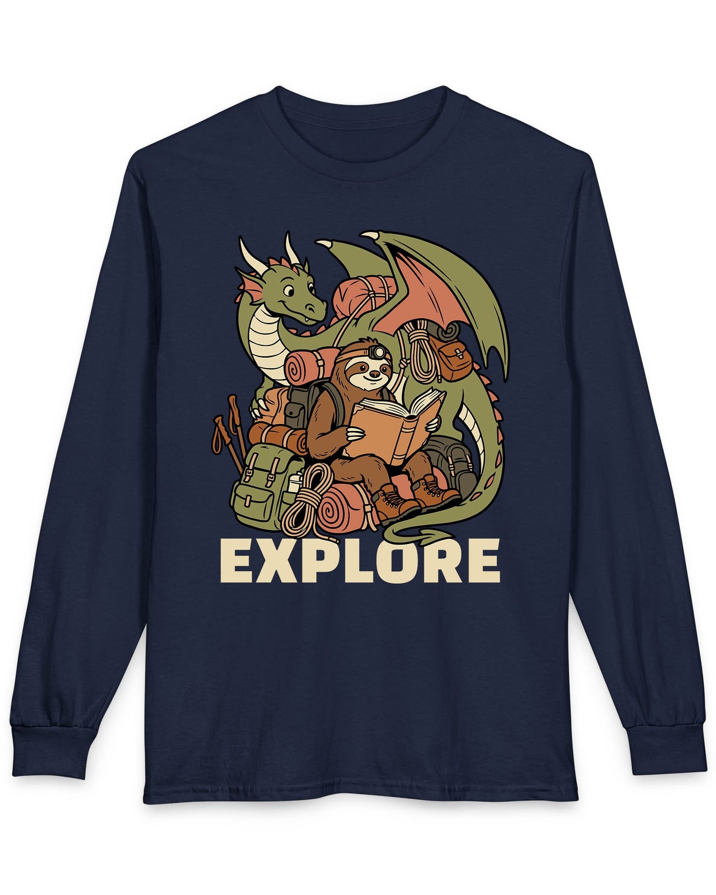 Explore shirt in navy with a book-loving sloth and cheerful green dragon packed for adventure