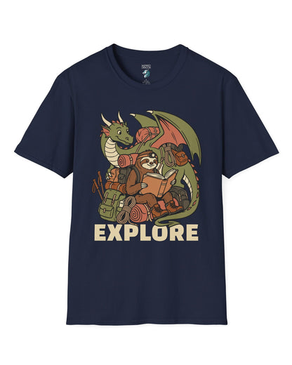Explore shirt in navy with a book-loving sloth and cheerful green dragon packed for adventure