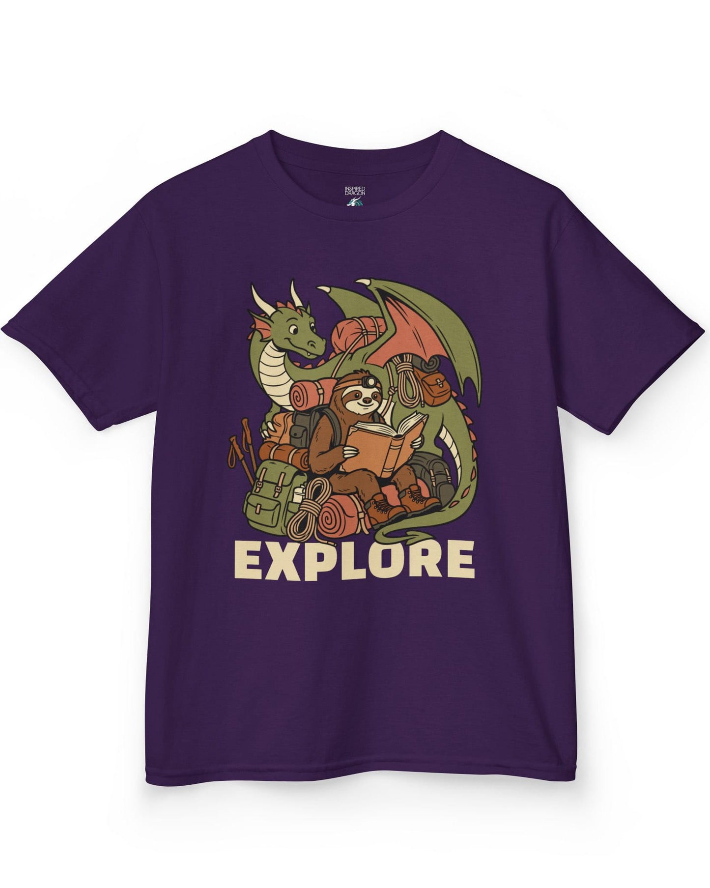 Explore shirt in purple with a book-loving sloth and cheerful green dragon packed for adventure