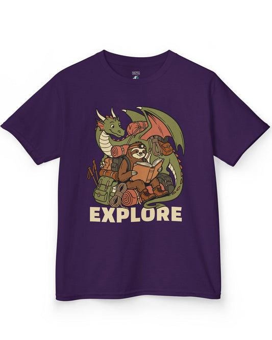 Explore shirt in purple with a book-loving sloth and cheerful green dragon packed for adventure