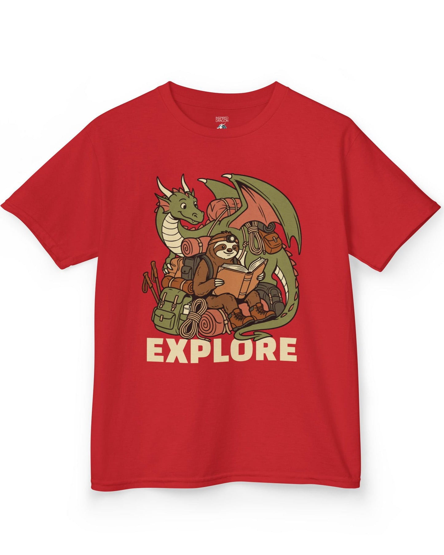Explore shirt in red with a book-loving sloth and cheerful green dragon packed for adventure