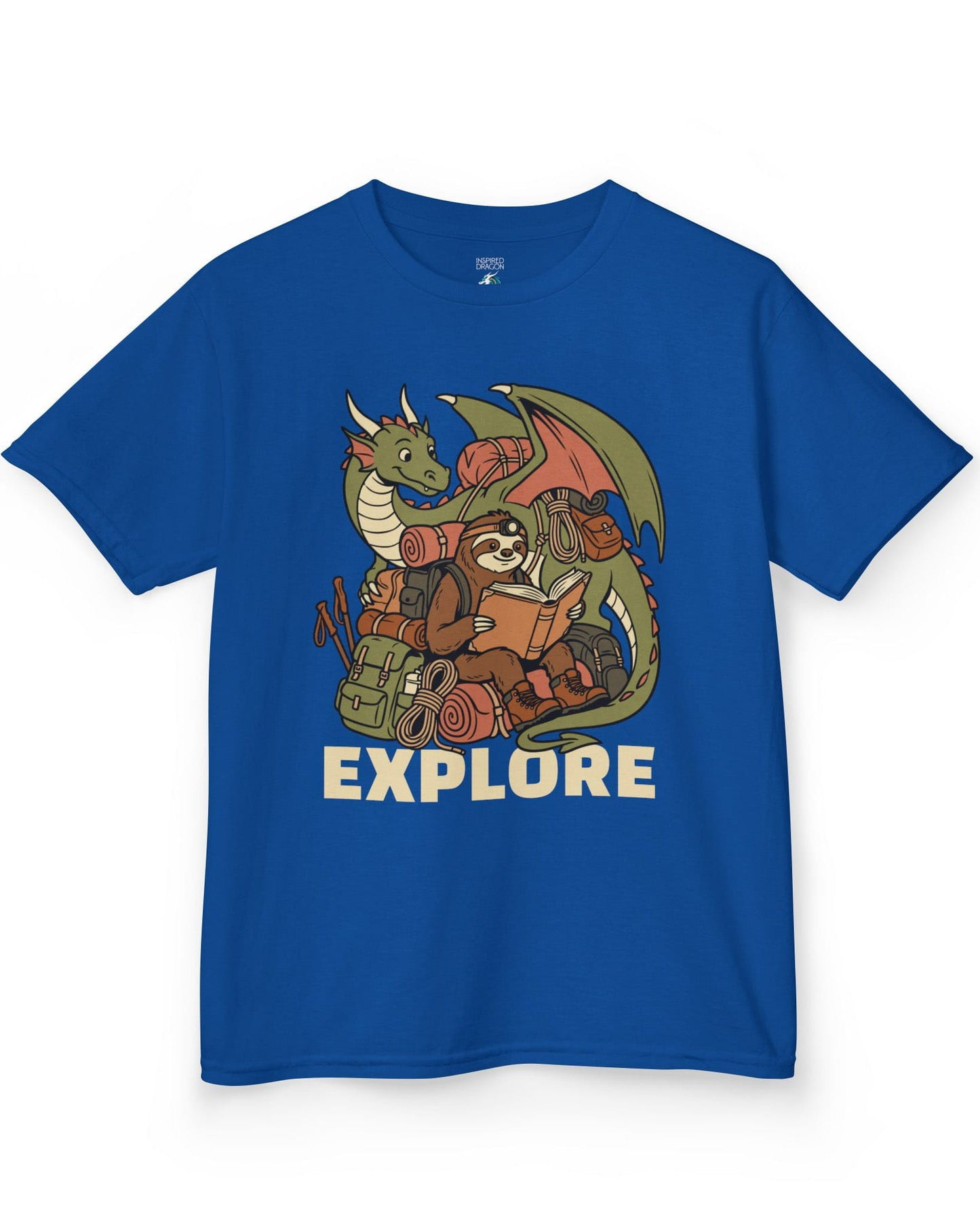 Explore shirt in royal blue with a book-loving sloth and cheerful green dragon packed for adventure