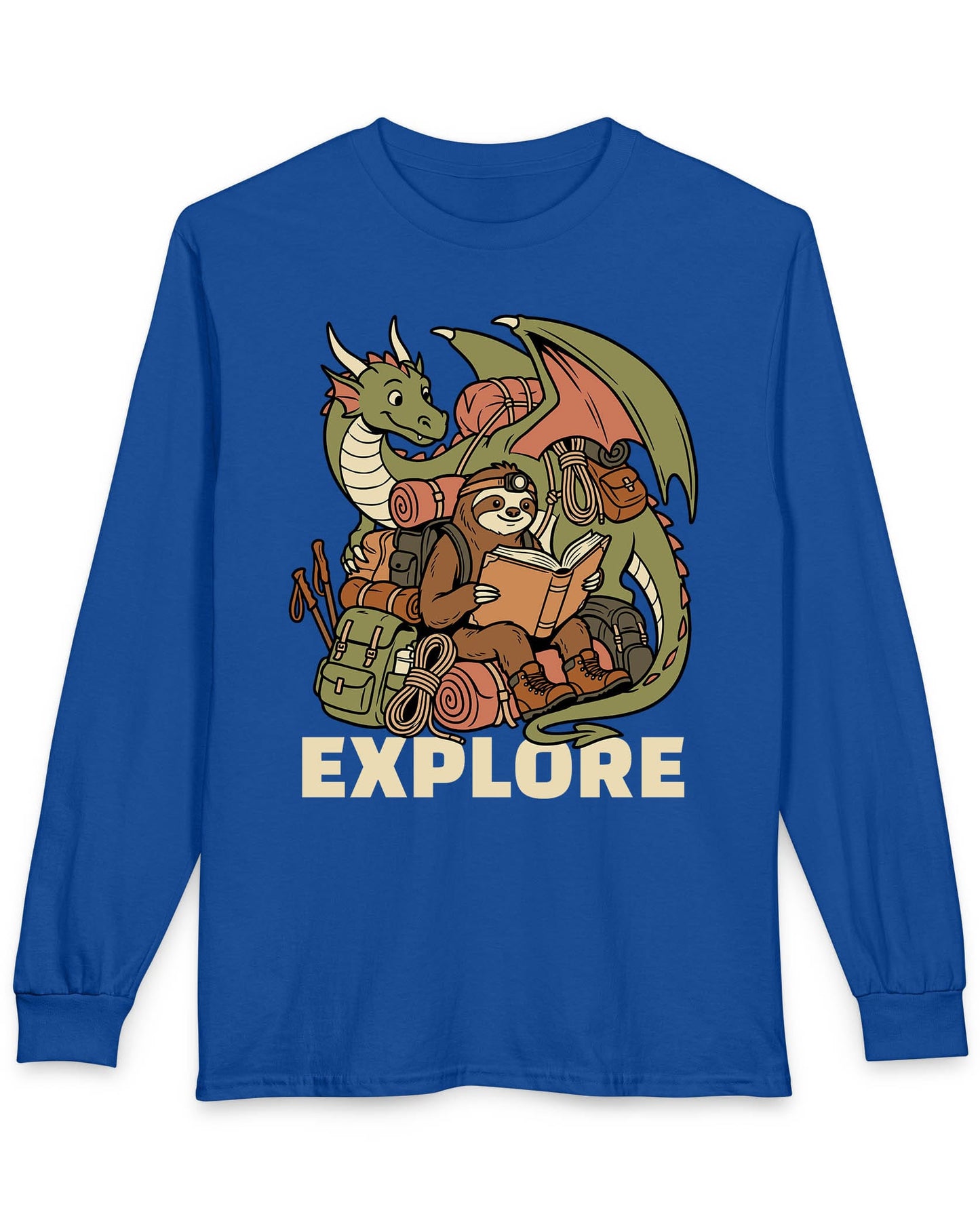 Explore shirt in royal blue with a book-loving sloth and cheerful green dragon packed for adventure