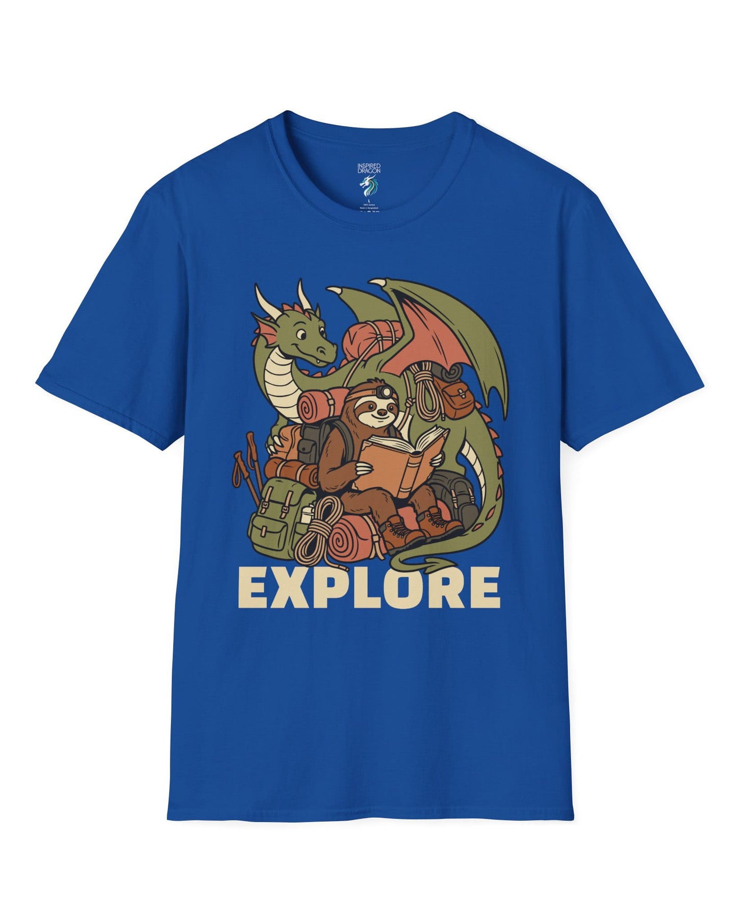 Explore shirt in royal blue with a book-loving sloth and cheerful green dragon packed for adventure