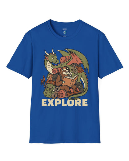 Explore shirt in royal blue with a book-loving sloth and cheerful green dragon packed for adventure