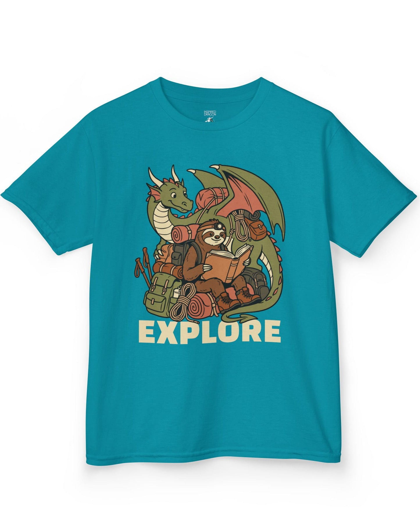 Explore shirt in tropical blue with a book-loving sloth and cheerful green dragon packed for adventure