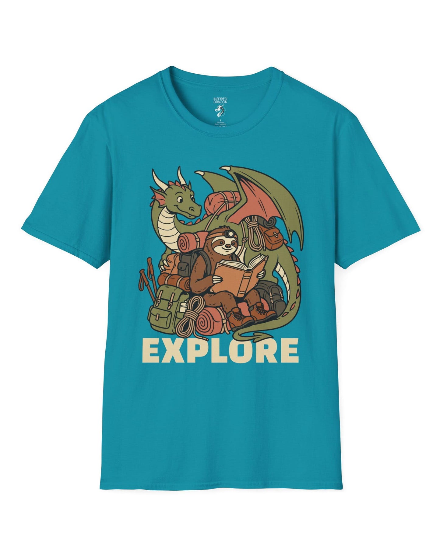 Explore shirt in tropical blue with a book-loving sloth and cheerful green dragon packed for adventure