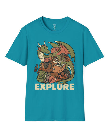 Explore shirt in tropical blue with a book-loving sloth and cheerful green dragon packed for adventure