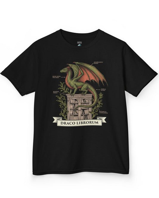 Draco Librorum shirt in black featuring a scholarly dragon perched atop a grand library in vintage naturalist style