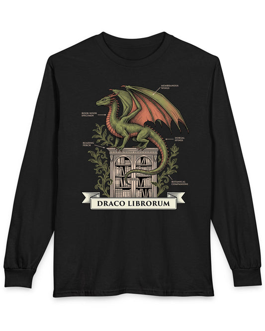 Draco Librorum shirt in black featuring a scholarly dragon perched atop a grand library in vintage naturalist style