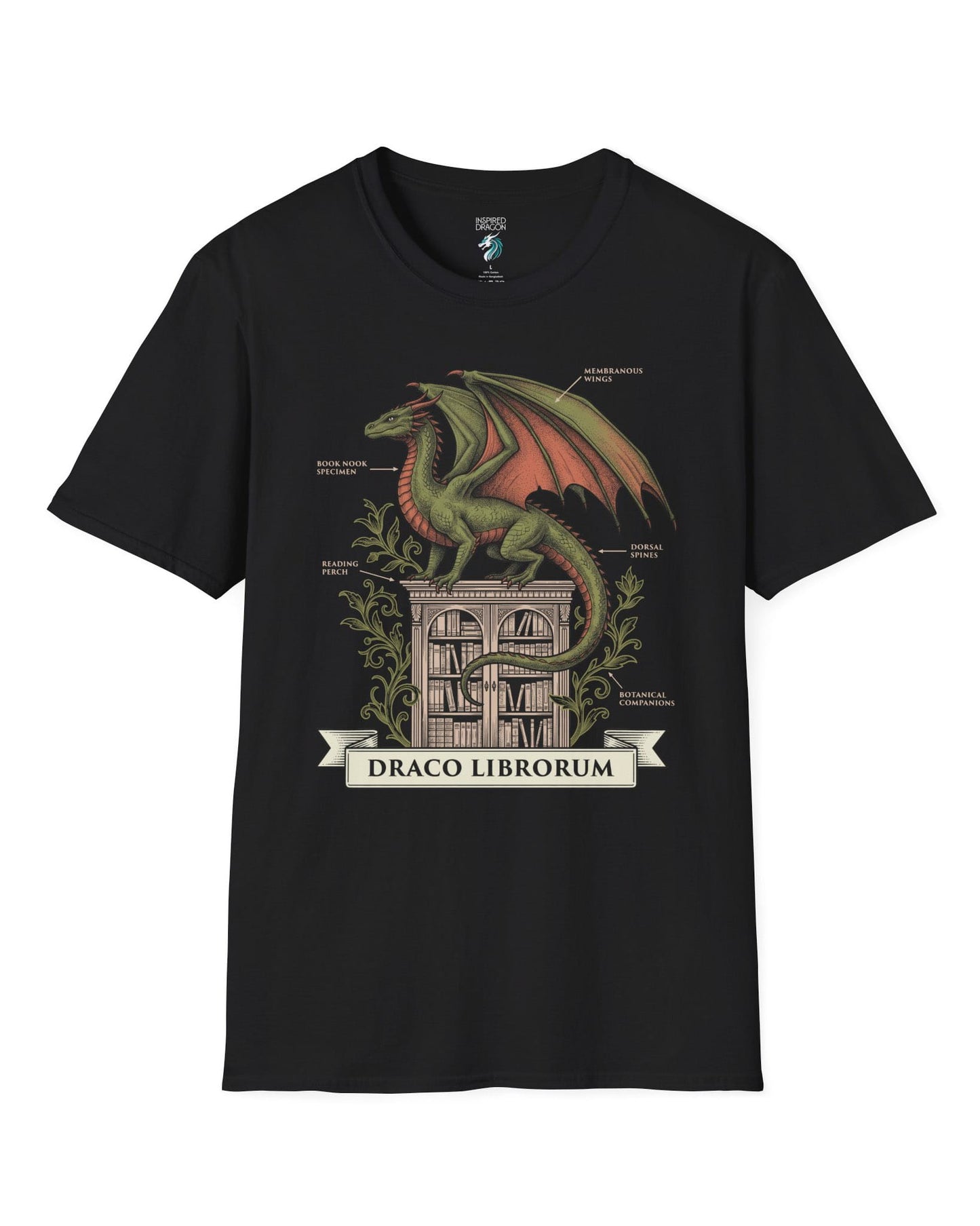 Draco Librorum shirt in black featuring a scholarly dragon perched atop a grand library in vintage naturalist style