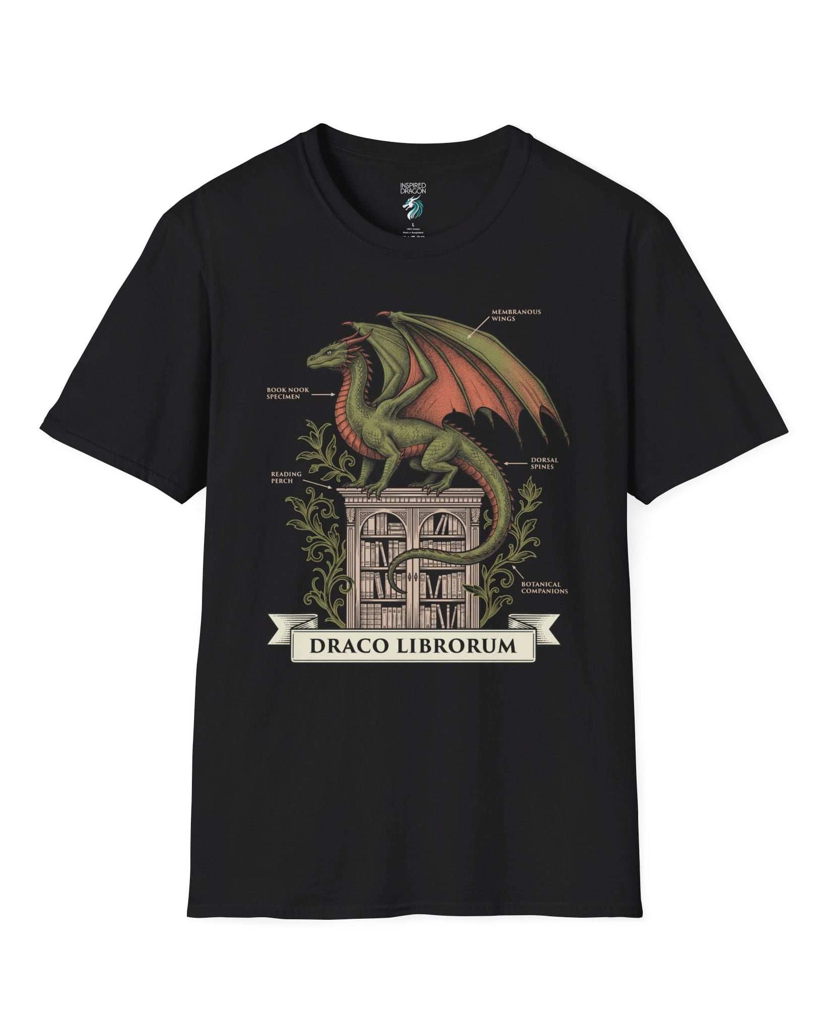 Draco Librorum shirt in black featuring a scholarly dragon perched atop a grand library in vintage naturalist style