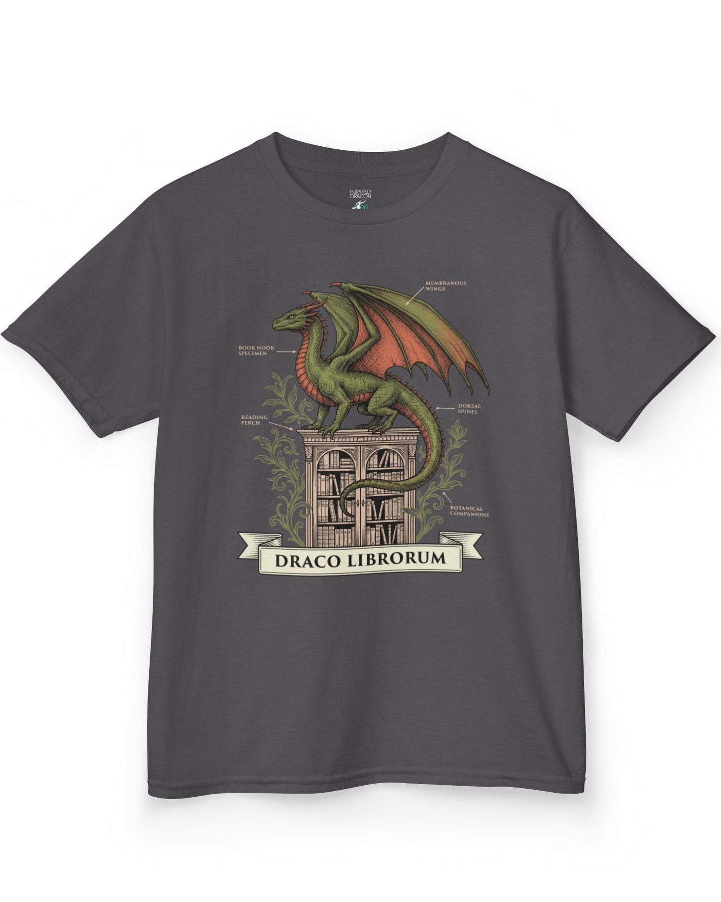 Draco Librorum shirt in charcoal featuring a scholarly dragon perched atop a grand library in vintage naturalist style