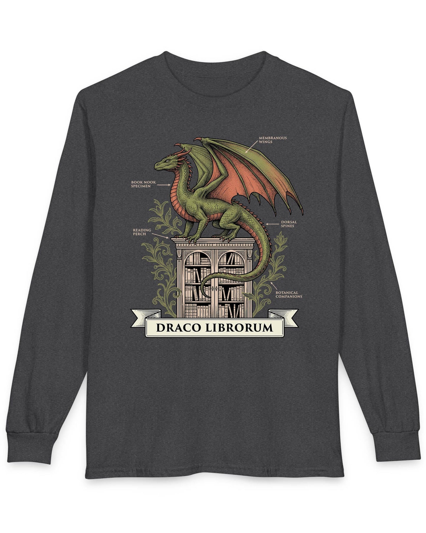 Draco Librorum shirt in dark heather featuring a scholarly dragon perched atop a grand library in vintage naturalist style