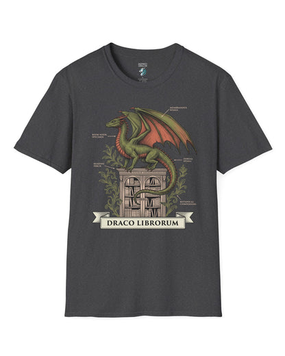 Draco Librorum shirt in dark heather featuring a scholarly dragon perched atop a grand library in vintage naturalist style