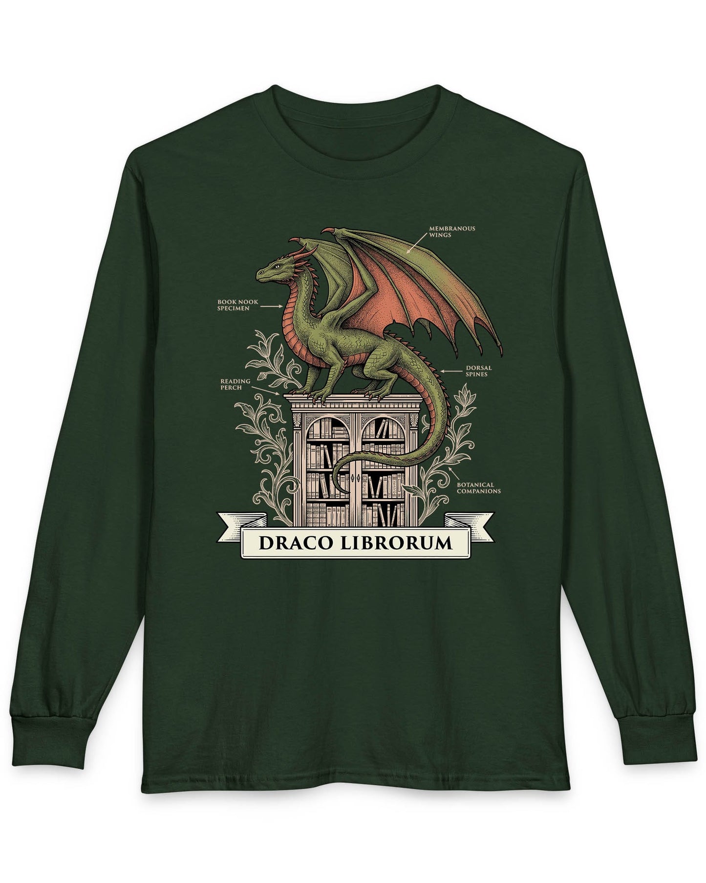 Draco Librorum shirt in forest green featuring a scholarly dragon perched atop a grand library in vintage naturalist style