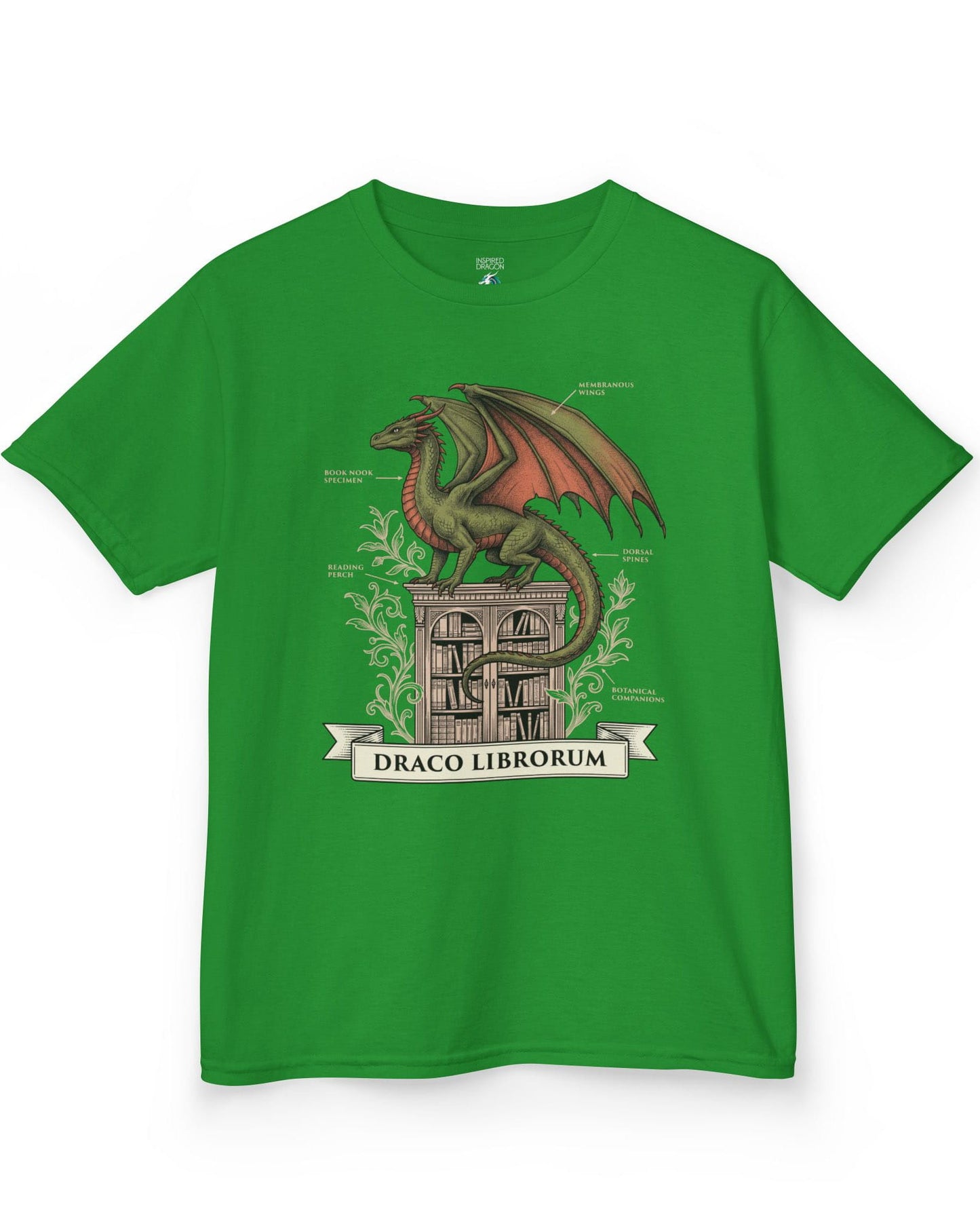 Draco Librorum shirt in Irish green featuring a scholarly dragon perched atop a grand library in vintage naturalist style