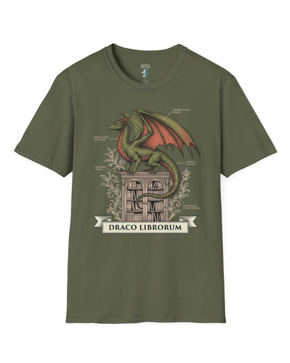 Draco Librorum shirt in military green featuring a scholarly dragon perched atop a grand library in vintage naturalist style