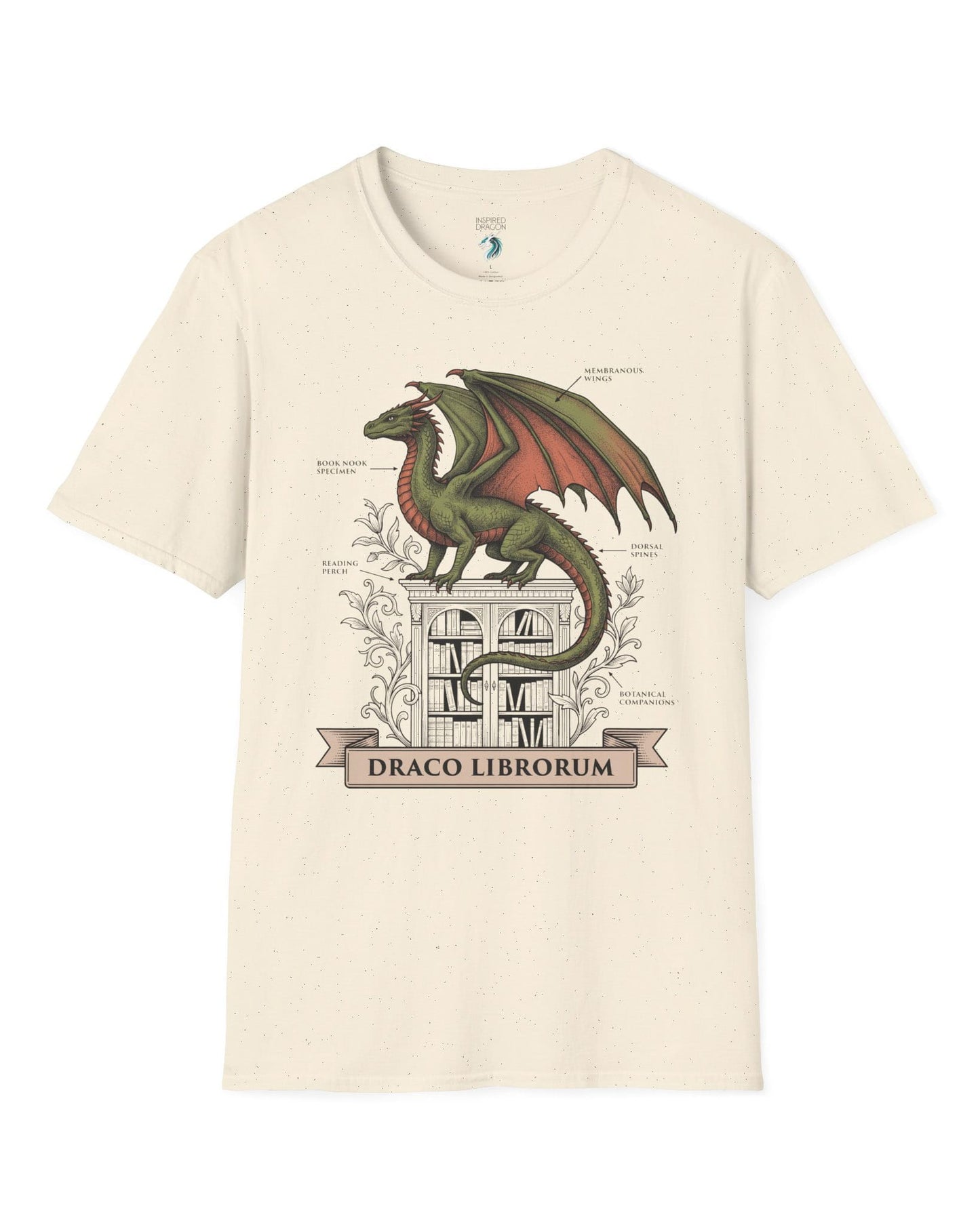 Draco Librorum shirt in natural featuring a scholarly dragon perched atop a grand library in vintage naturalist style