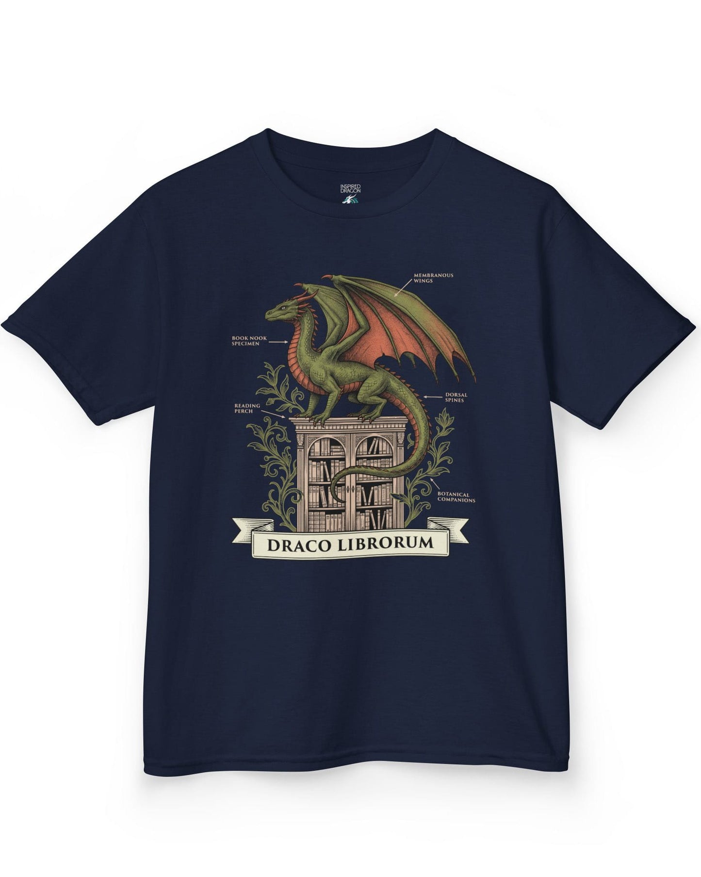 Draco Librorum shirt in navy featuring a scholarly dragon perched atop a grand library in vintage naturalist style