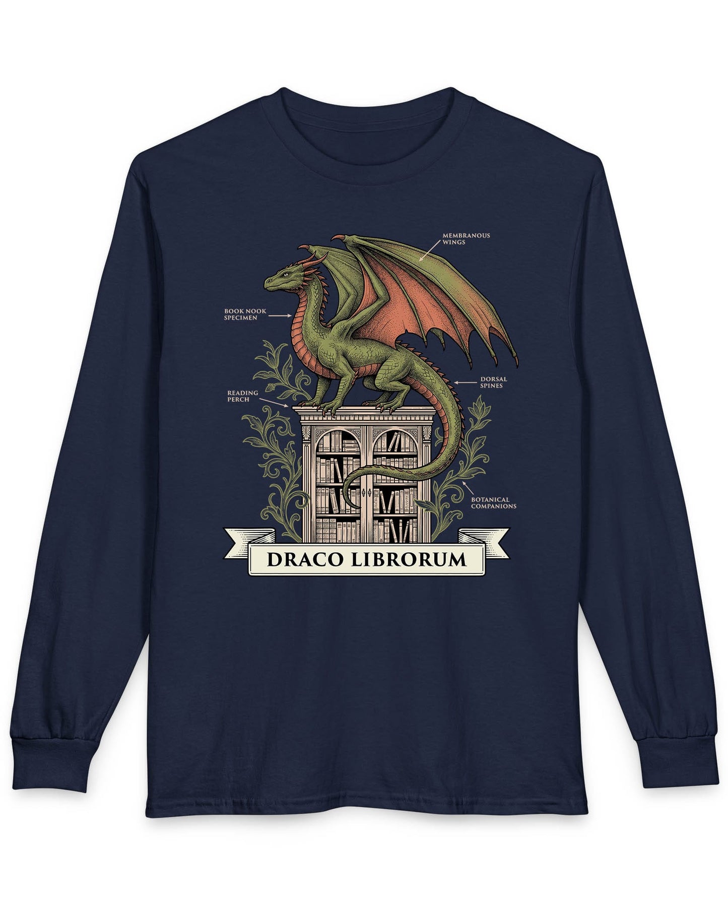Draco Librorum shirt in navy featuring a scholarly dragon perched atop a grand library in vintage naturalist style