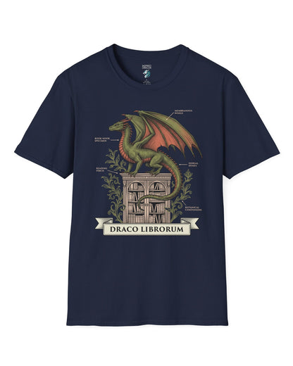 Draco Librorum shirt in navy featuring a scholarly dragon perched atop a grand library in vintage naturalist style