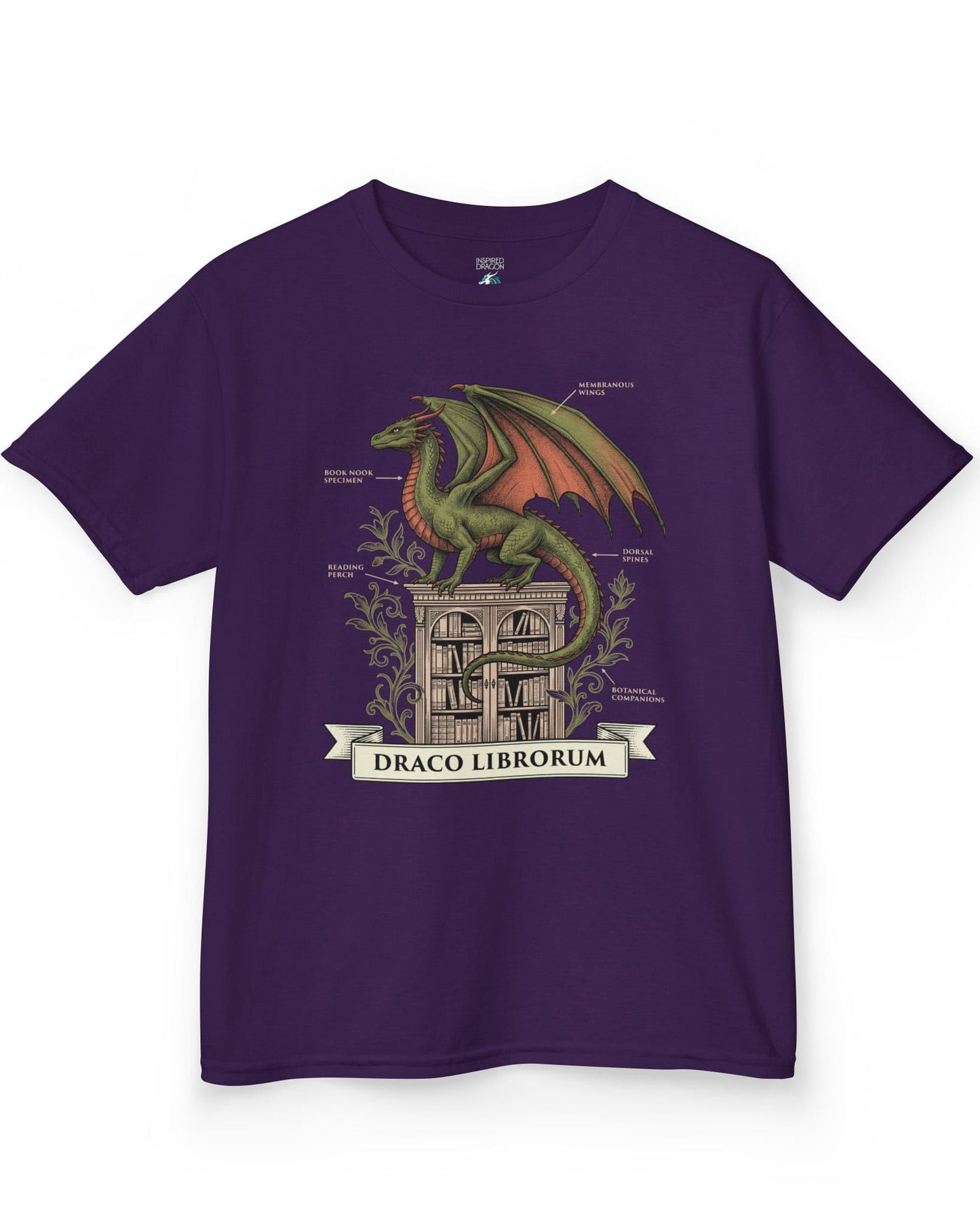 Draco Librorum shirt in purple featuring a scholarly dragon perched atop a grand library in vintage naturalist style